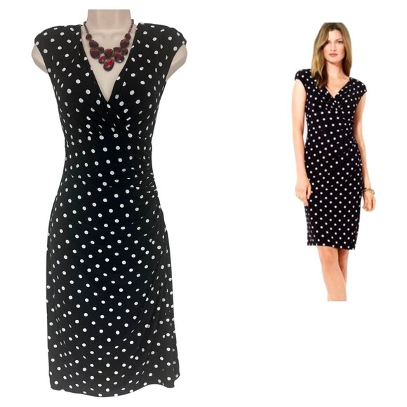 Size 14 RALPH LAUREN BLACK &‎ WHITE POLKA DOT RUCHED JERSEY DRESS Day/Evening - Picture 1 of 4